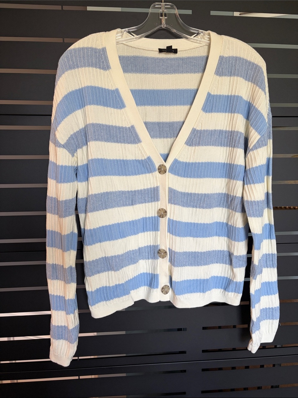 Talbots Blue and White Striped V-Neck Button Cardigan